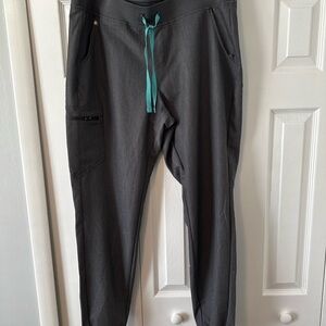Figs Women's Gray Jogger Scrub Bottoms with Teal Drawstring